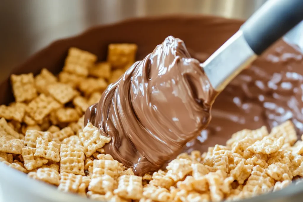 Mixing bowl with Chex cereal being coated in chocolate	