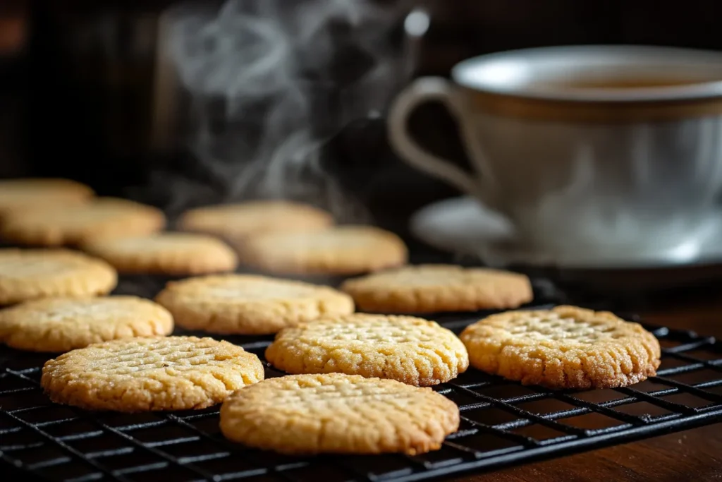 Freshly baked cookies cooling on a wire rack	