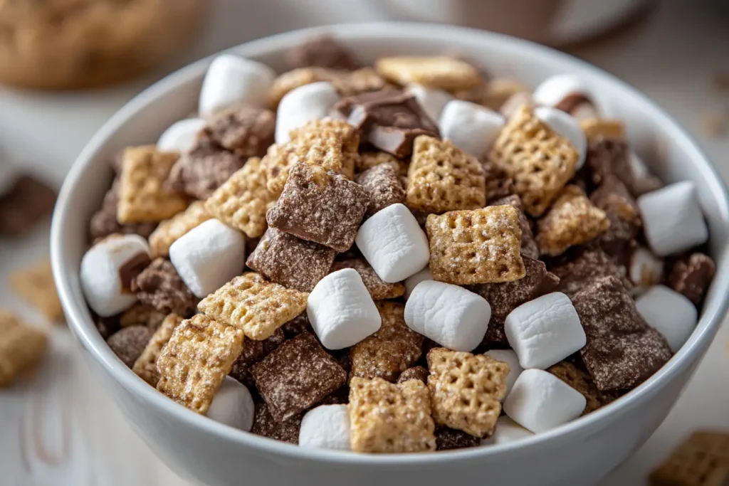 Bowl of homemade Muddy Buddies with powdered sugar