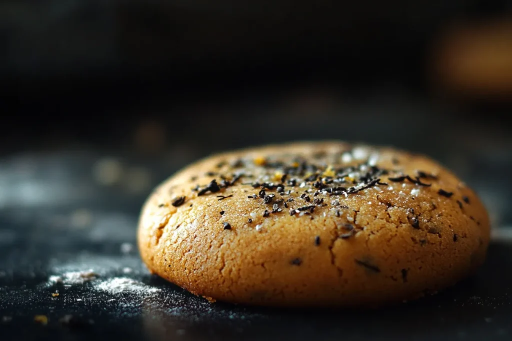 Close-up of a tea-infused cookie with bergamot zest	