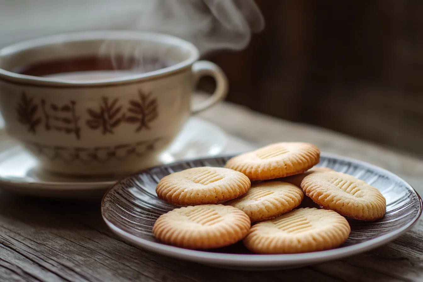 Earl Grey cookies on a plate with a cup of tea