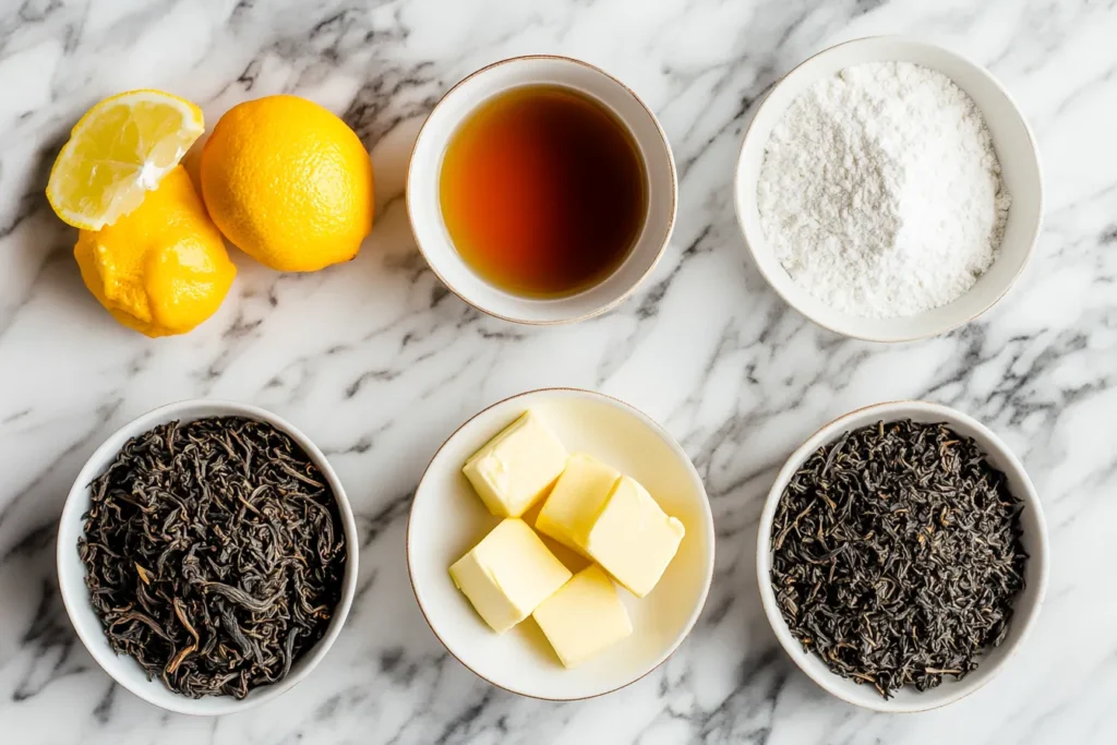 Tea leaves, bergamot, and vanilla next to cookie ingredients	