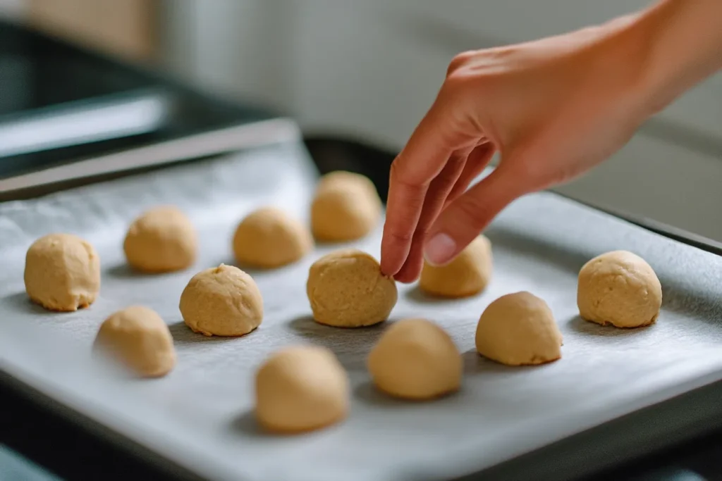 Cookie dough balls on a baking sheet	