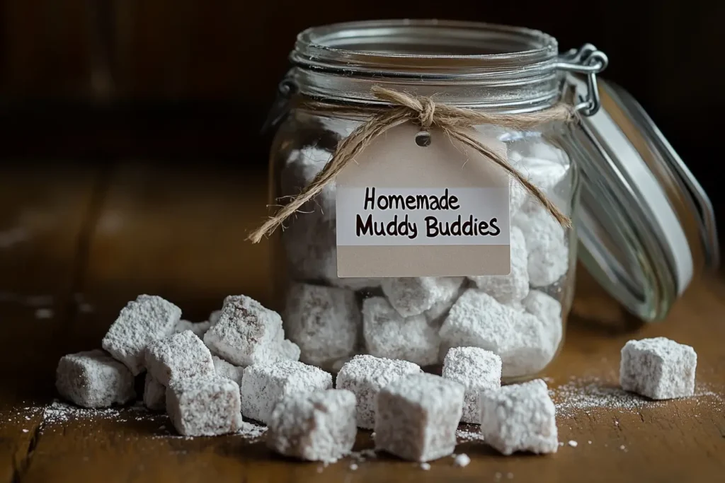 Muddy Buddies stored in an airtight jar	