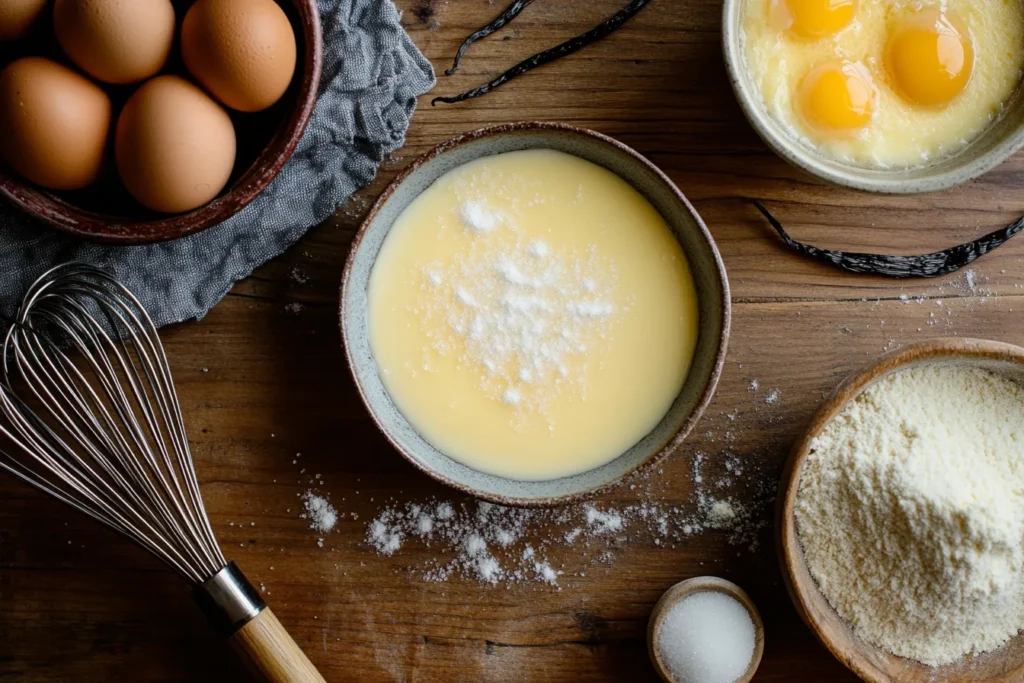 Crème brûlée ingredients - cream, eggs, sugar, and vanilla	