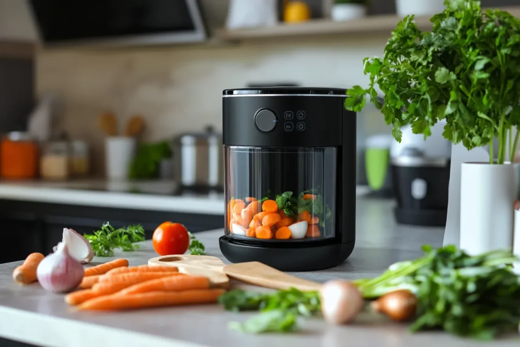 Modern soup maker with fresh ingredients on a kitchen counter