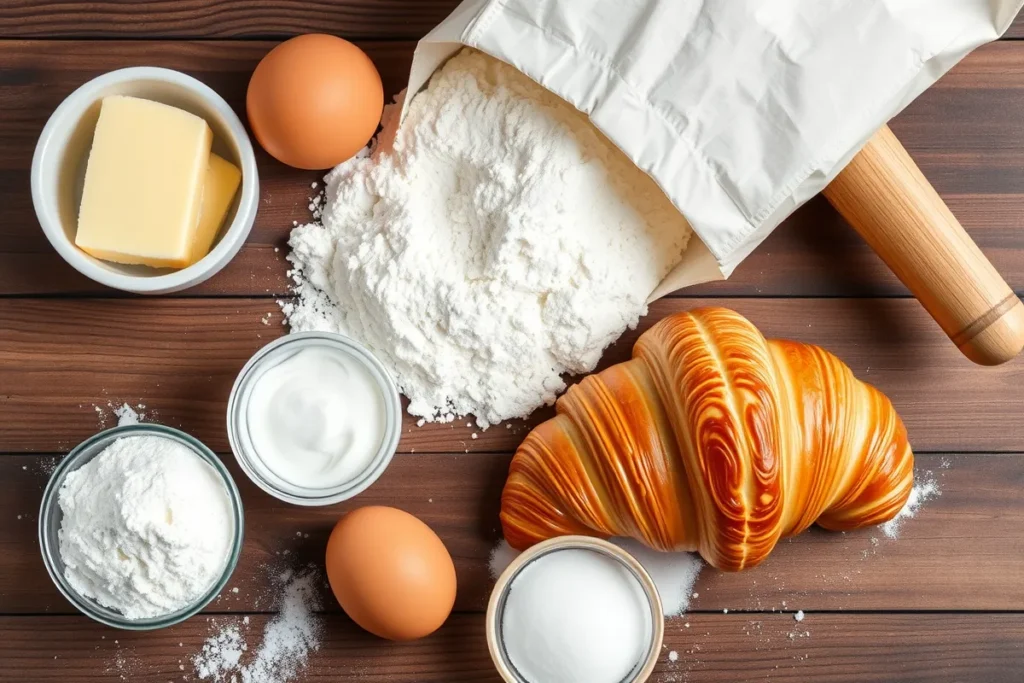 Close-up of croissant ingredients on a wooden table, including high-quality butter, flour, yeast, eggs, sugar, and a rolling pin, showcasing a rustic baking setup