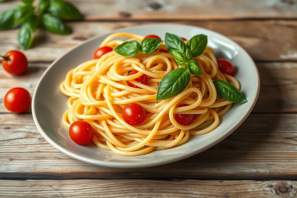 An elegantly plated Italian pasta dish garnished with fresh basil leaves and cherry tomatoes on a rustic wooden table, showcasing the pasta's smooth texture and golden hue.