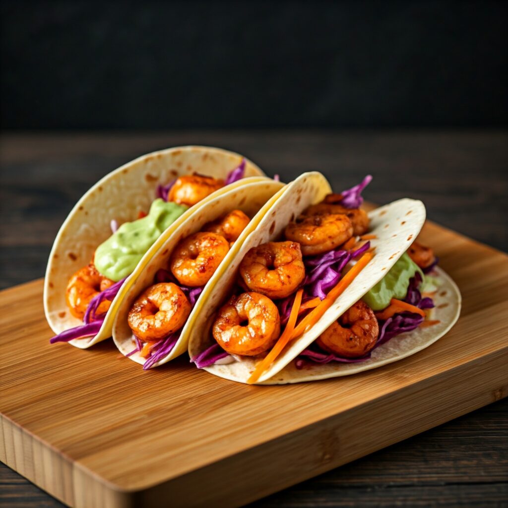 Shrimp tacos topped with cabbage and avocado sauce	