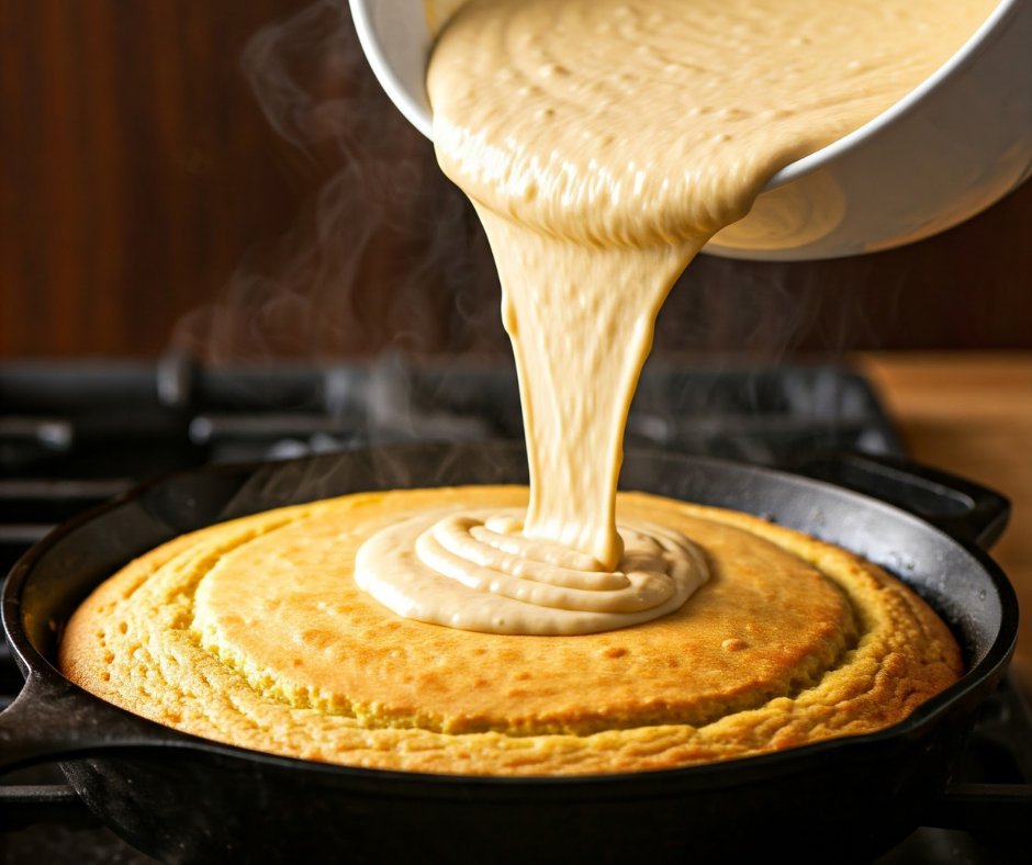 A close-up of the cornbread batter being poured into a hot cast-iron skillet, creating a sizzling effect that sets the crust for baking perfection 