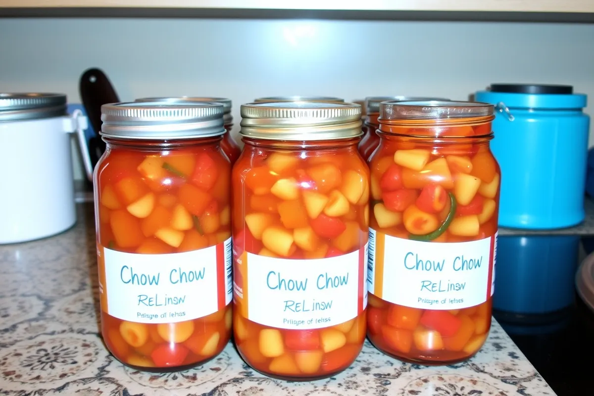 Sealed jars of colorful Chow Chow relish on a kitchen counter, highlighting the vibrant vegetables and freshness of homemade preservation.