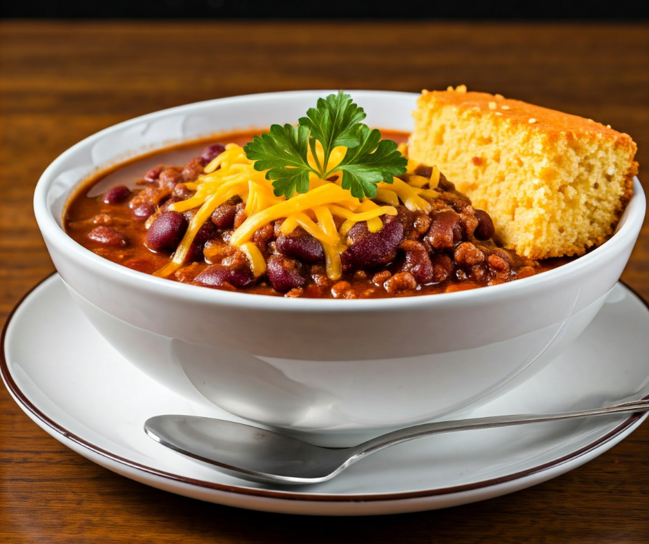 A delicious pairing of Southern cornbread and a bowl of steaming chili, garnished with shredded cheese and fresh herbs, perfect for a cozy meal 