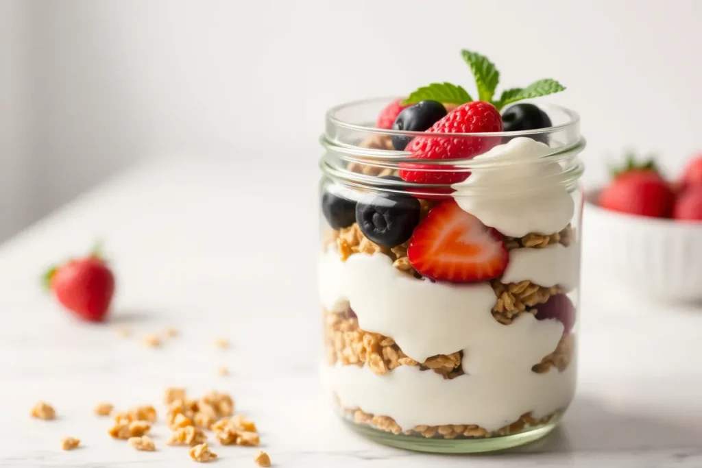 Cottage cheese parfait in a jar	