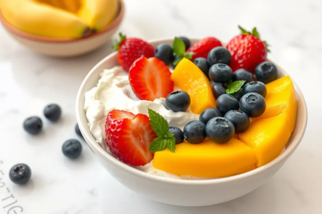 Bowl of cottage cheese with fruits