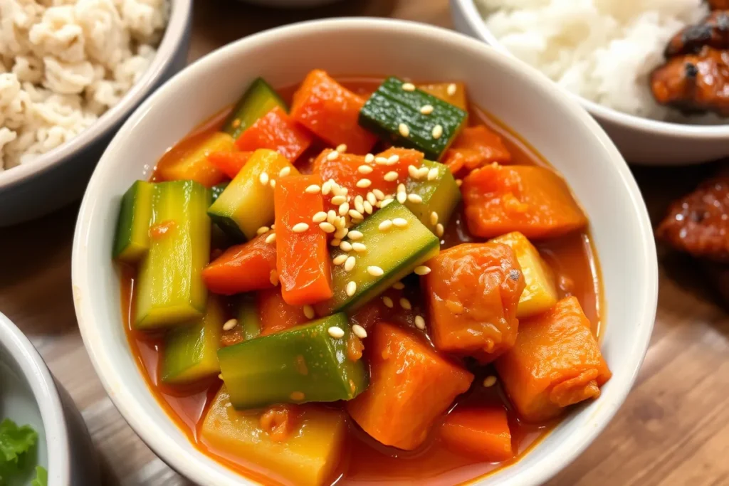 A bowl of cucumber kimchi served with steamed rice and Korean barbecue, garnished with sesame seeds for added texture and flavor.