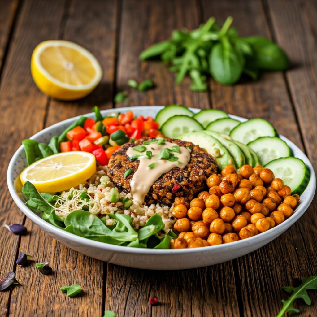 Burger bowl recipe with fresh veggies