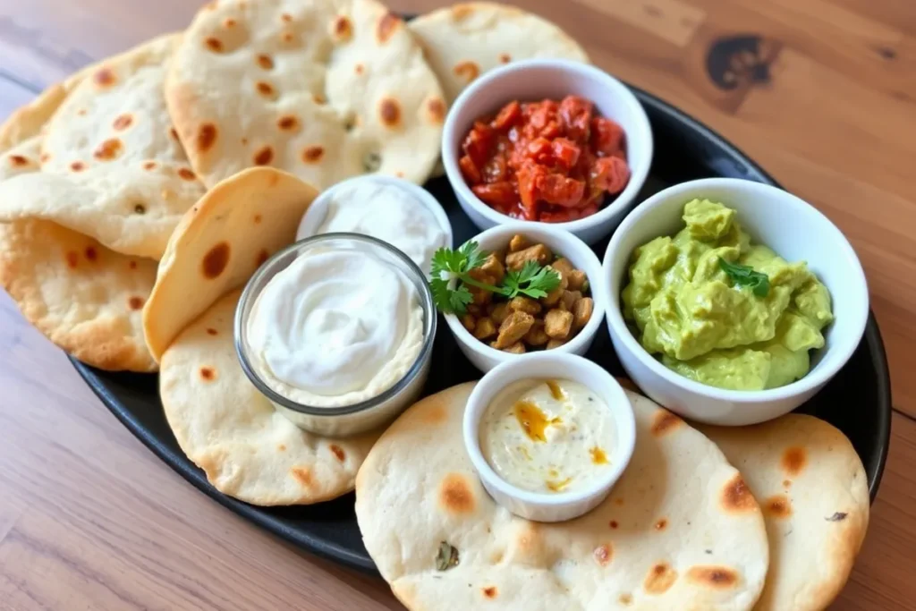 Served flatbreads with dips	