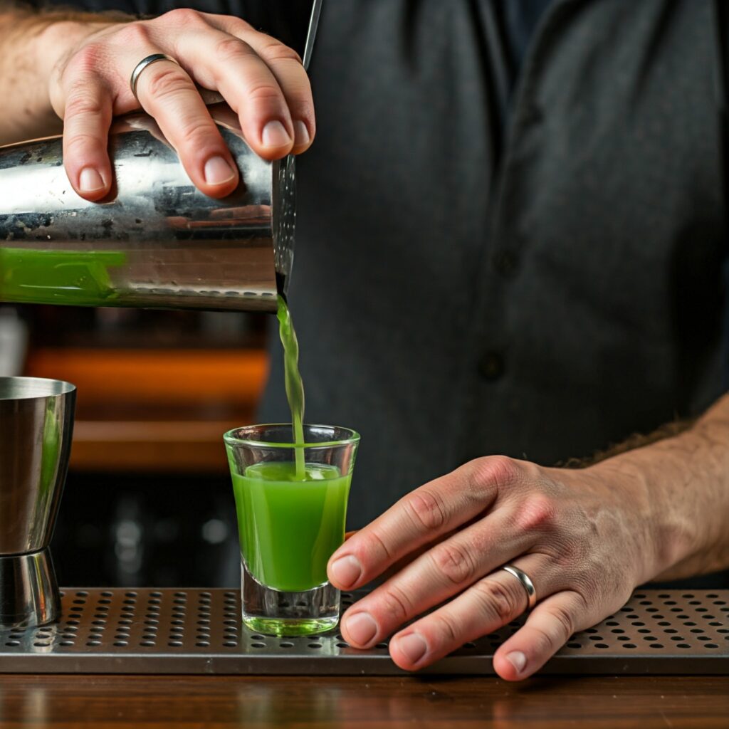 Bartender pouring whiskey, schnapps, and sour mix into a cocktail shaker with ice, preparing a green tea shot