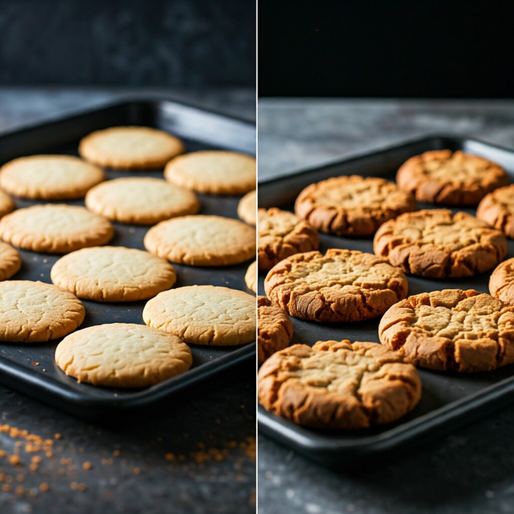 Side-by-side comparison of flat Nestle chocolate chip cookies and thick, chewy cookies on baking trays, highlighting texture differences