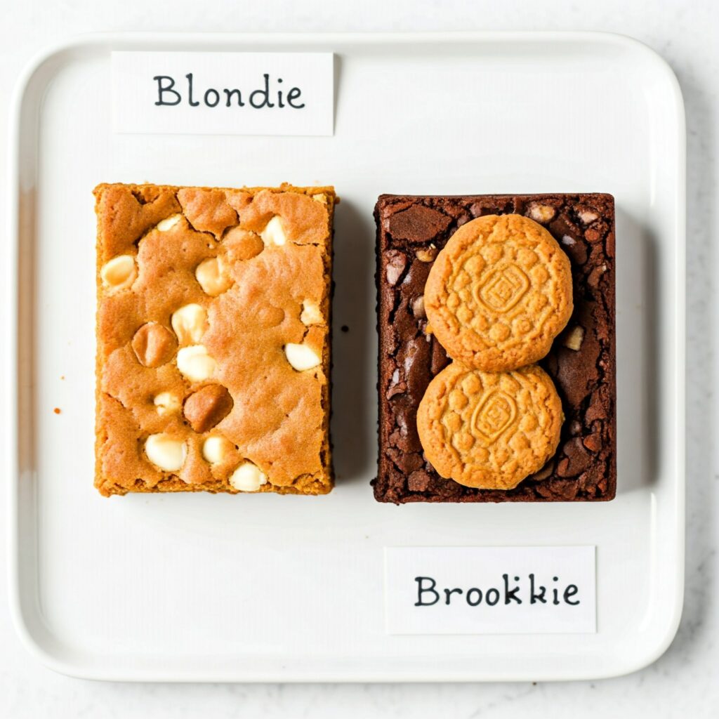 Side-by-side view of a golden caramel blondie with white chocolate chunks and a brookie with a rich brownie base and cookie topping, on a white platter with small identifying labels. Side-by-side view of a golden caramel blondie with white chocolate chunks and a brookie with a rich brownie base and cookie topping, on a white platter with small identifying labels.