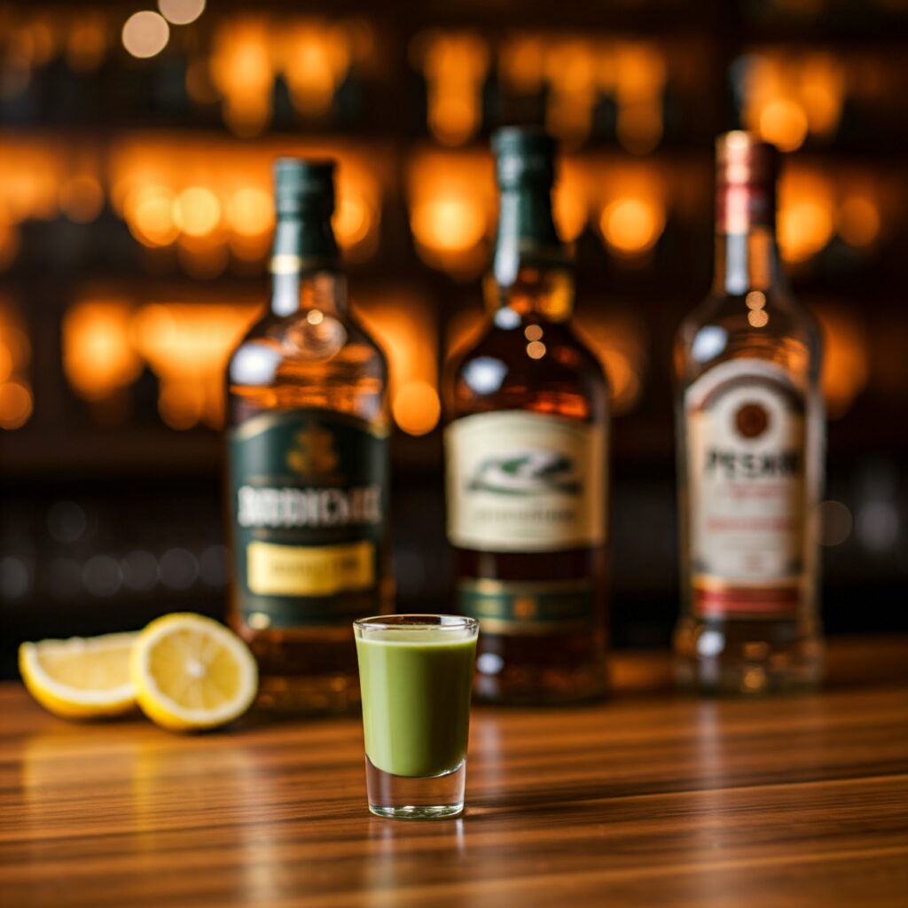 Whiskey, peach schnapps, sour mix, and lemon-lime soda arranged on a countertop, with a shot glass filled with light green liquid