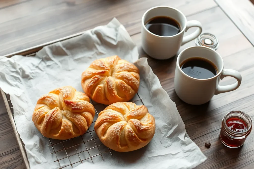 A tray of golden, flaky Gipfeli cooling on parchment paper, paired with a steaming cup of coffee and a jar of jam, set on a cozy breakfast table