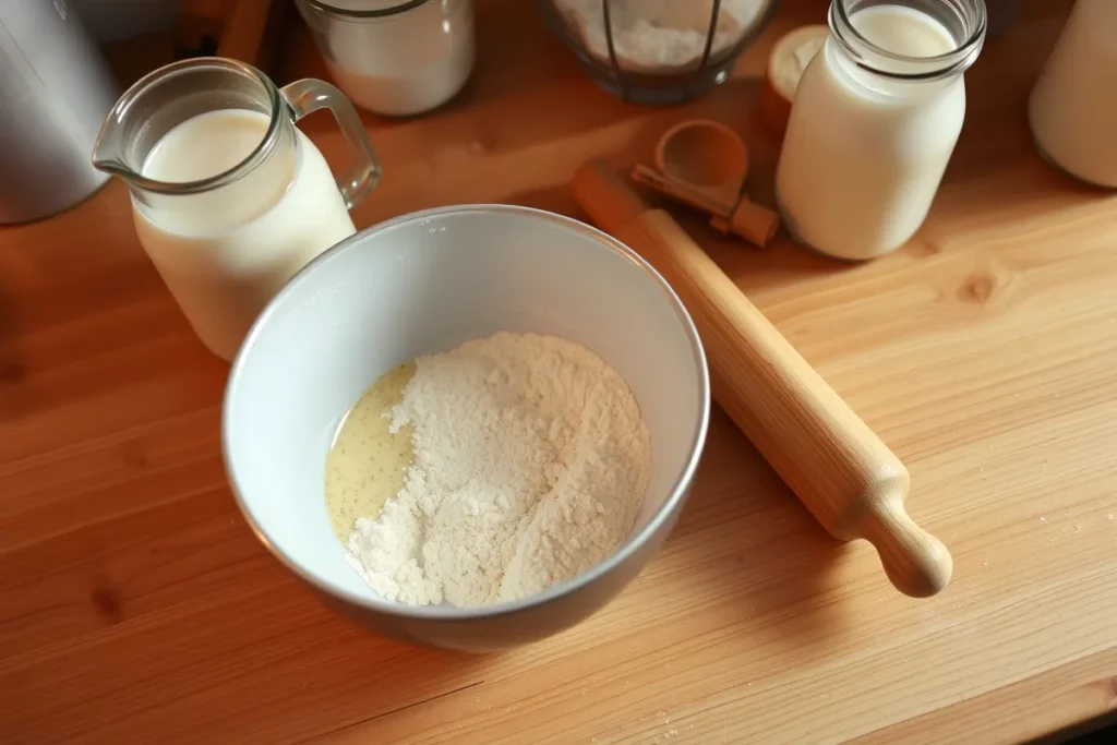 A wooden countertop with a bowl of flour and yeast mixture, a rolling pin, and a jug of milk, showcasing ingredients for Gipfeli dough preparation in warm lighting