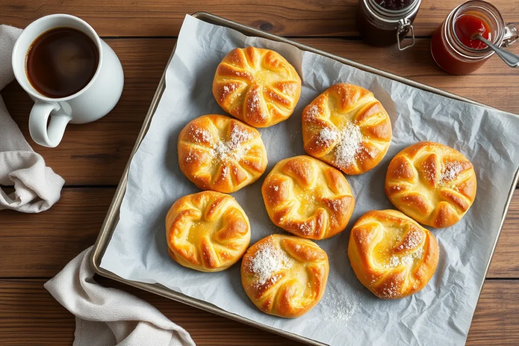 A tray of golden, flaky Gipfeli cooling on parchment paper, paired with a steaming cup of coffee and a jar of jam, set on a cozy breakfast table