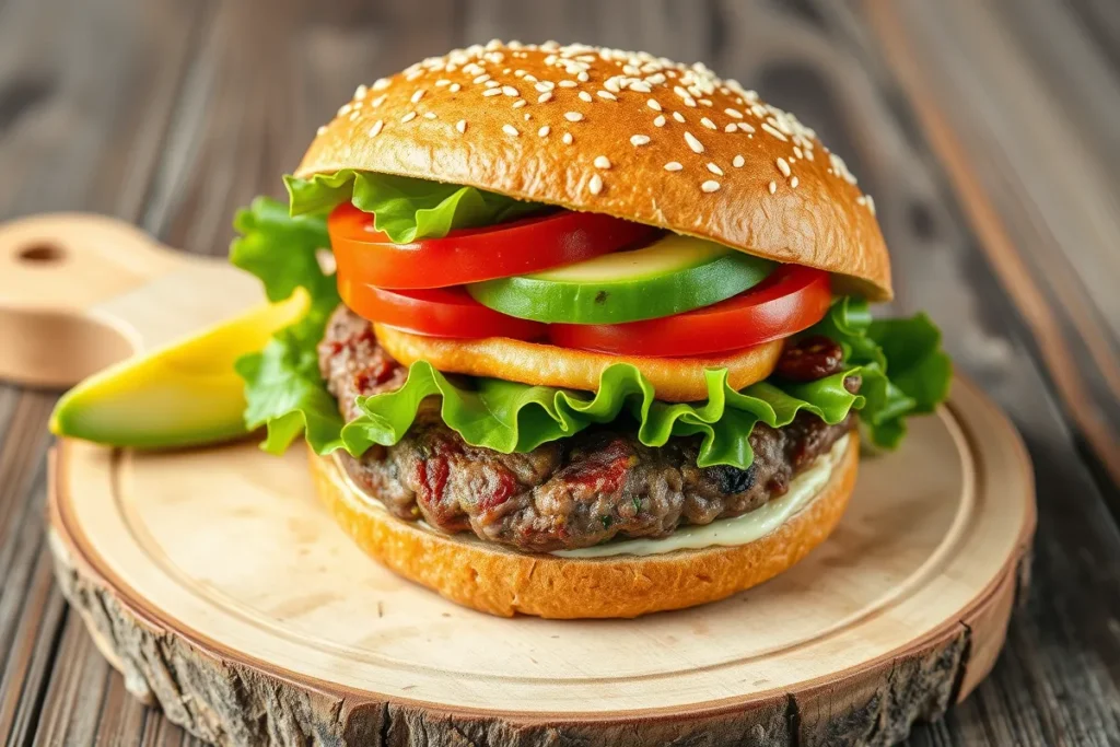 Healthy hamburger with fresh toppings