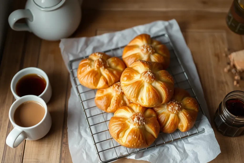 A tray of golden, flaky Gipfeli cooling on parchment paper, paired with a steaming cup of coffee and a jar of jam, set on a cozy breakfast table