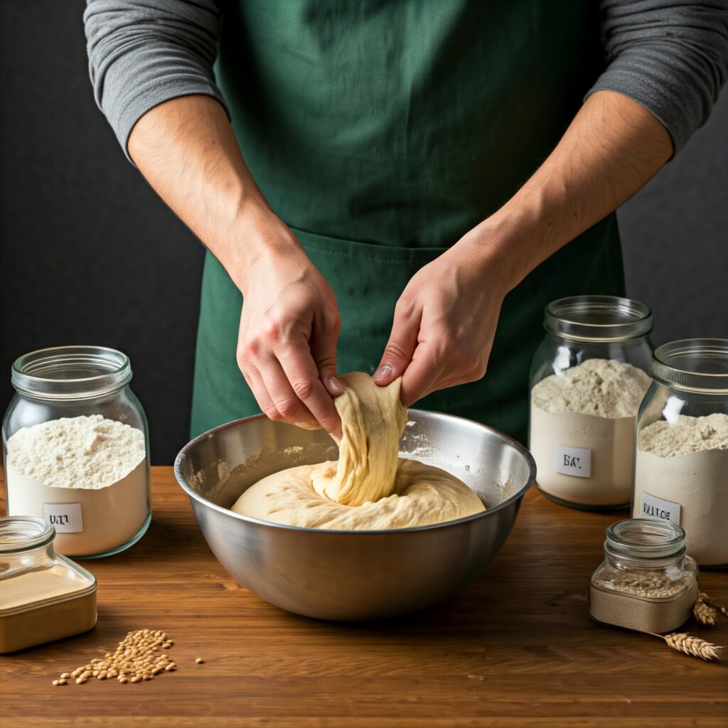 Mixing dough for brioche with flour types	