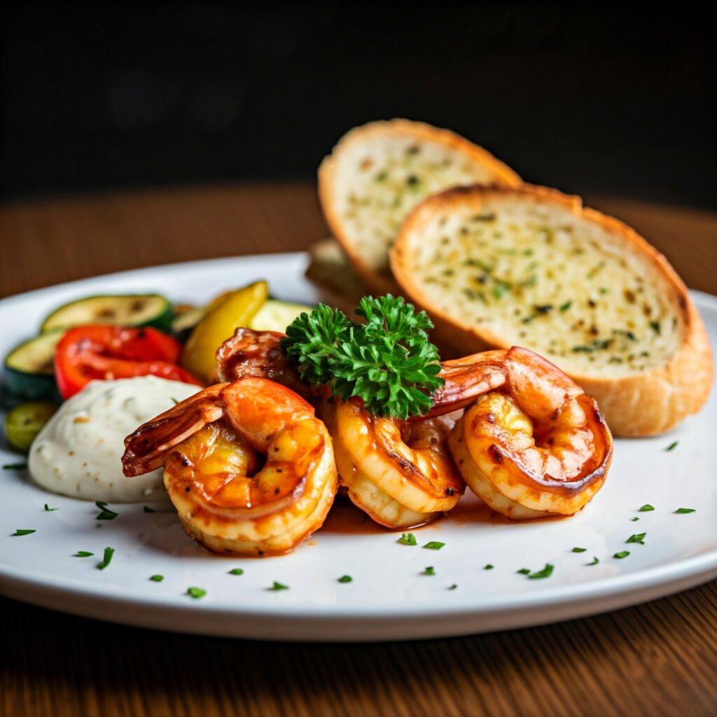 A perfect plate of BBQ shrimp served with garlic bread and veggies	