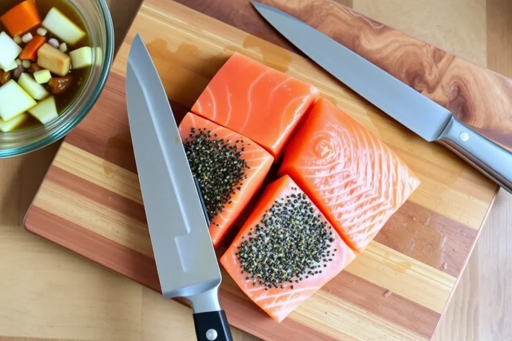 Cutting fresh salmon for bites	