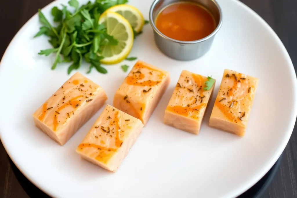 Plated salmon bites with sides	