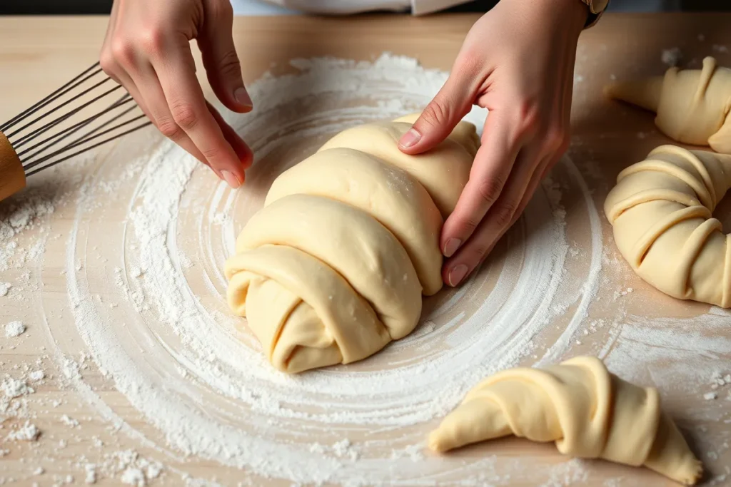 Hands shaping smooth, golden dough into crescent rolls on a floured surface, surrounded by cut triangles, a whisk, and scattered flour for Gipfeli preparation