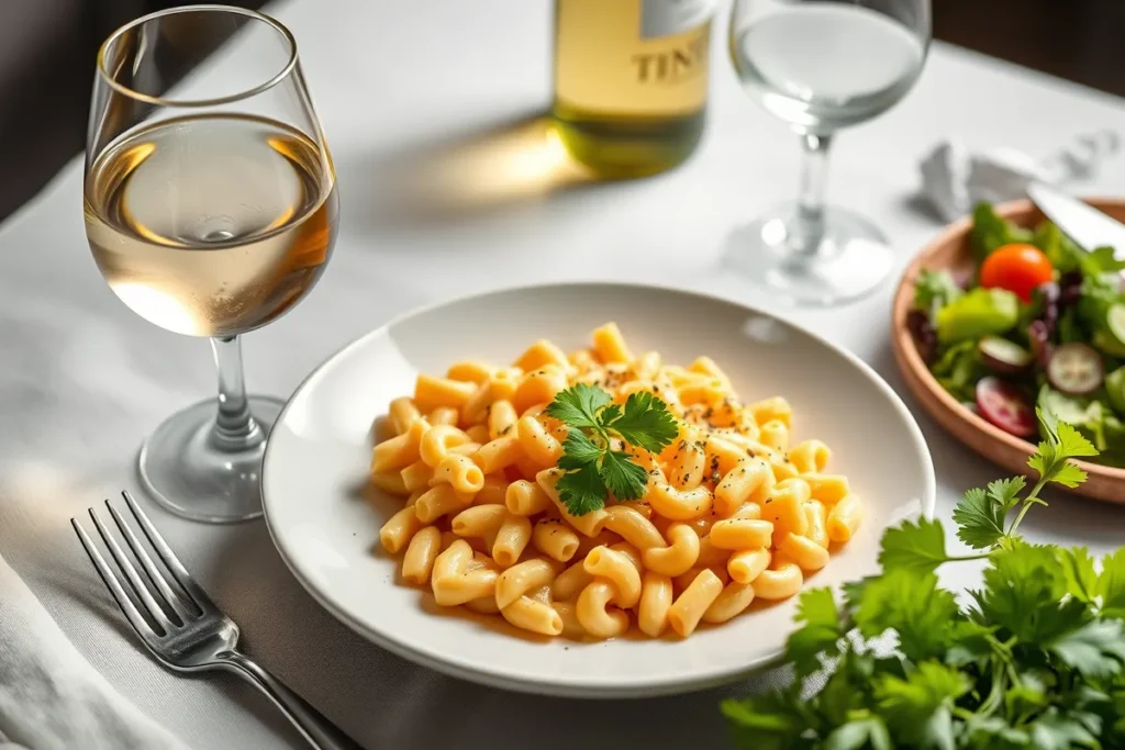 Elegant table setting featuring Tini Mac and Cheese garnished with parsley, served with a side salad on a stylish plate for a cozy meal presentation