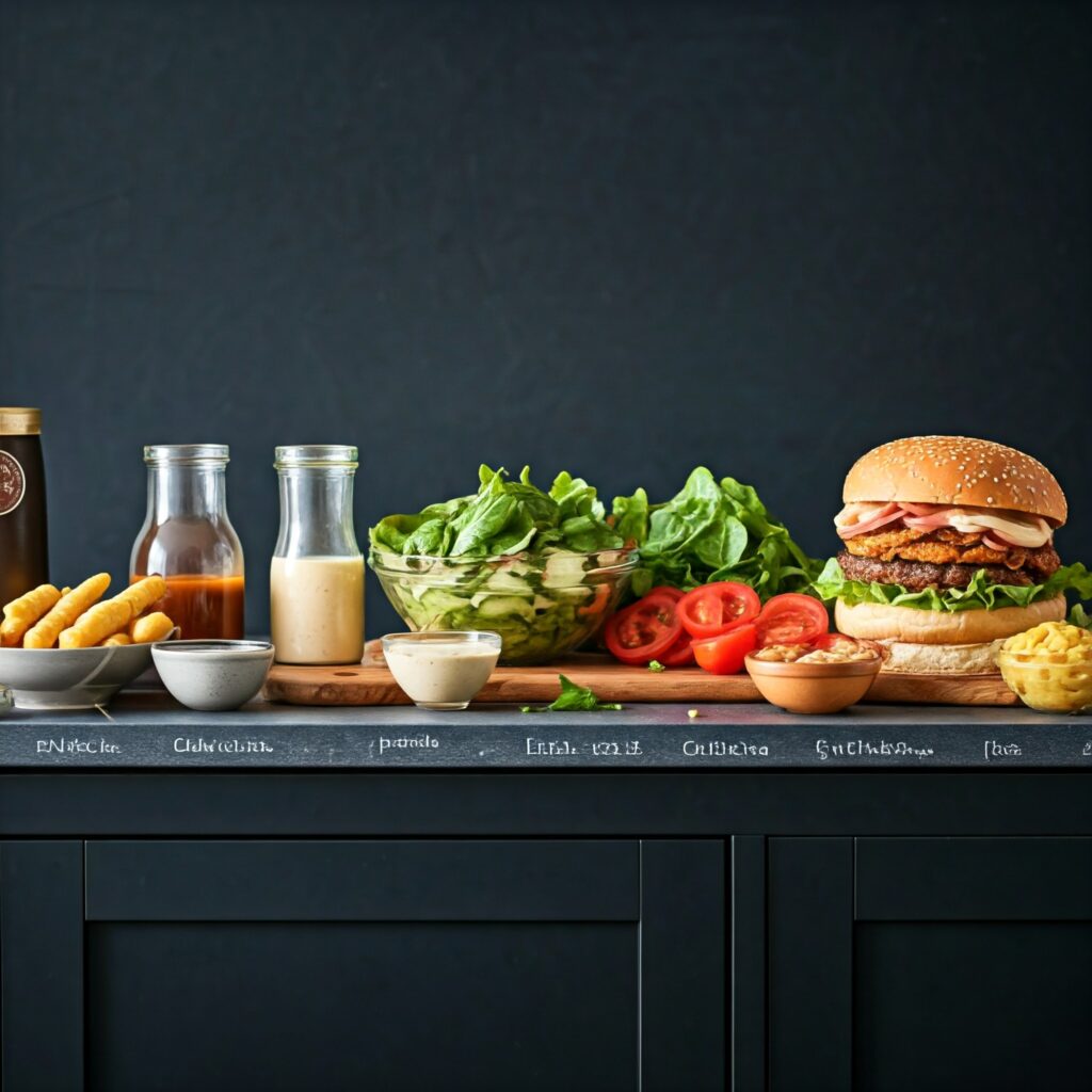 An organized display of burger bowl components with labels showing their calorie counts, including vegetables, proteins, and dressings, styled on a dark countertop. 