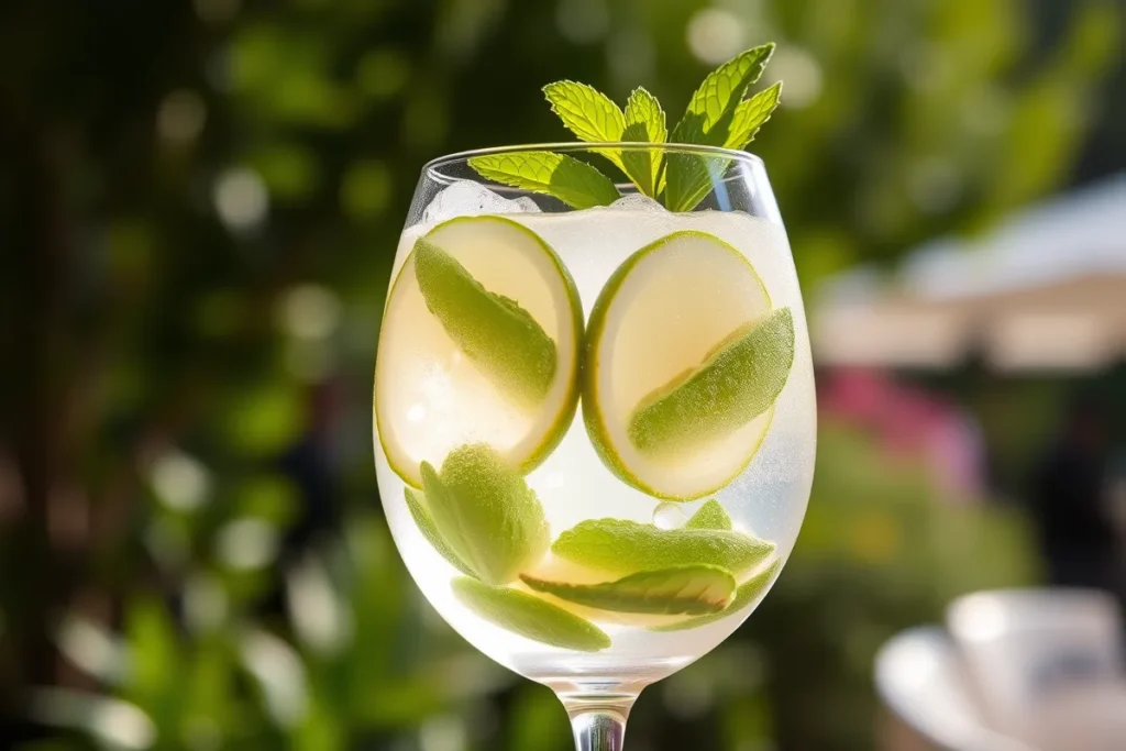 A tall wine glass filled with a refreshing Hugo Spritz cocktail, featuring lime slices, mint leaves, and ice cubes, with gentle bubbles rising to the surface.