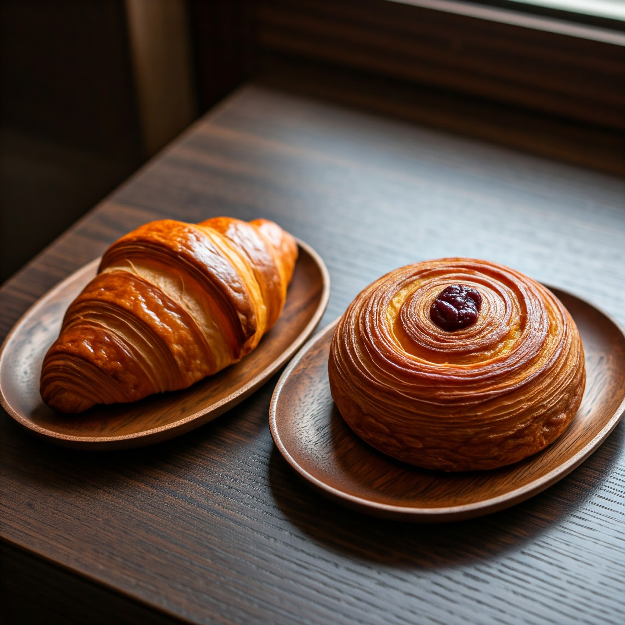 Side-by-side comparison of a croissant and a gipfeli on separate plates, highlighting their distinct differences in shape, texture, and color.