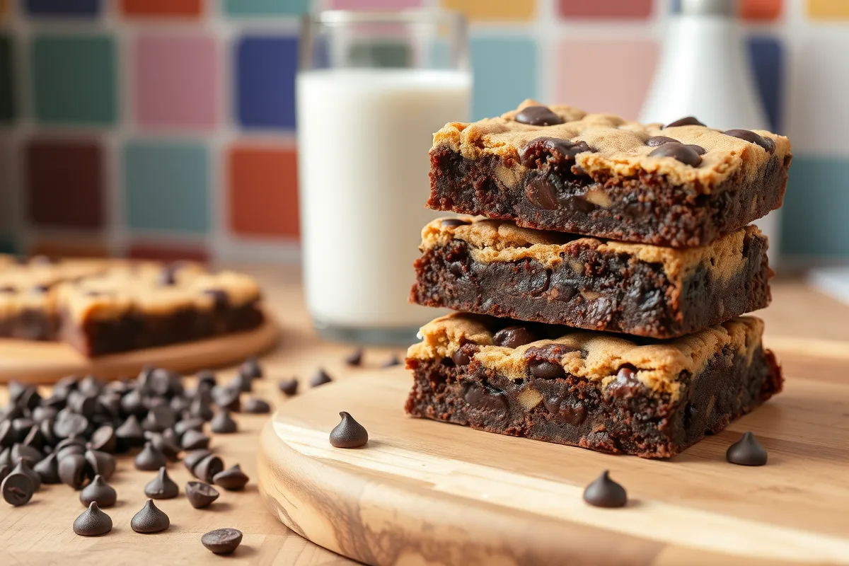 A stack of gooey brookies on a wooden board, highlighting distinct brownie and cookie layers, with chocolate chips, a glass of milk, and a vibrant kitchen scene in the background.