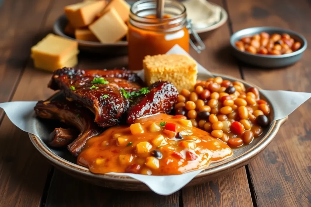 A vibrant platter featuring chow chow served with cornbread, barbecue ribs, and a bowl of beans on a rustic wooden table