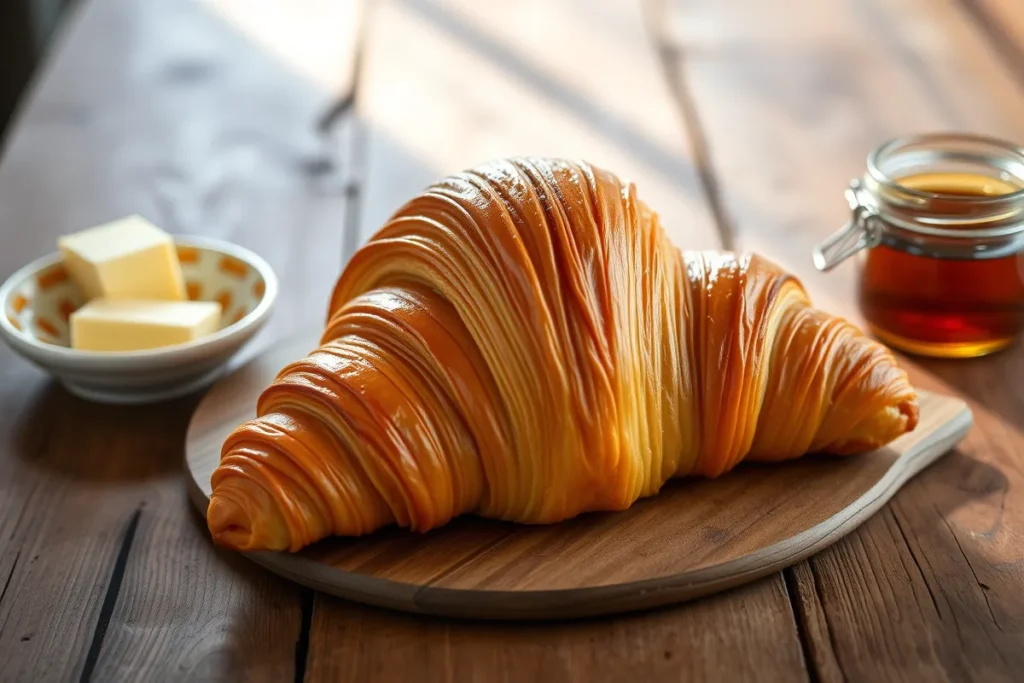 A golden, flaky croissant on a rustic wooden table, surrounded by a small dish of butter and a jar of honey, softly lit by natural light