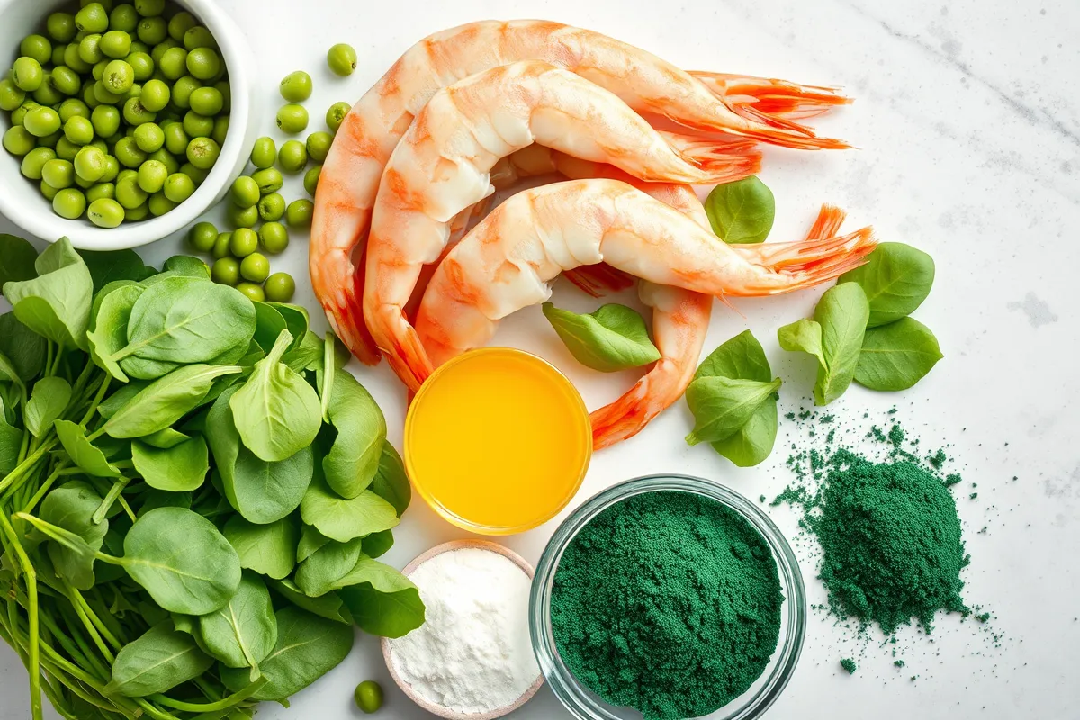 Top-down view of fresh fish food ingredients, including raw shrimp, peas, spinach, gelatin, and spirulina powder, neatly arranged on a kitchen counter under natural light.