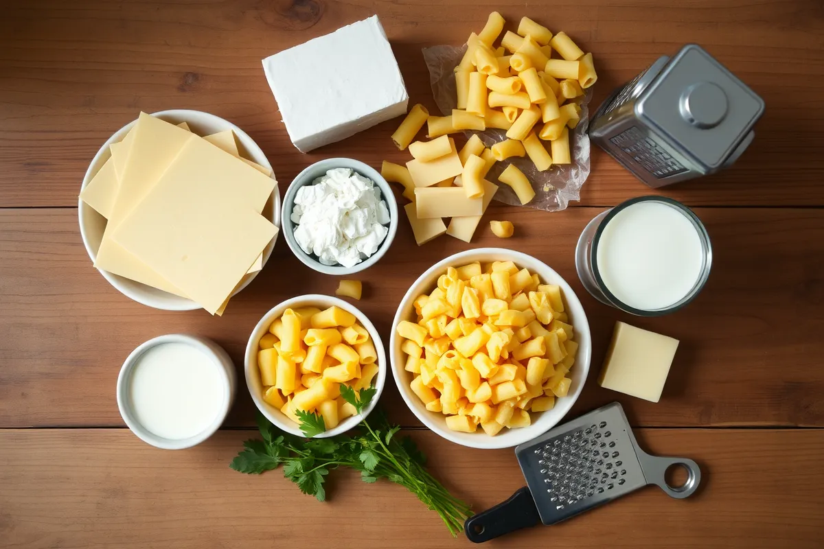 Top-down view of fresh ingredients for mac and cheese, including blocks of sharp cheddar, mozzarella, and Colby Jack cheese, uncooked elbow macaroni, a stick of butter, and a jug of milk, all arranged neatly on a rustic wooden kitchen table