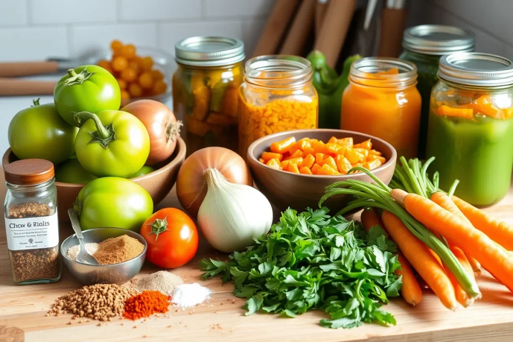 Neatly arranged fresh green tomatoes, onions, peppers, and carrots on a wooden countertop with spices and mason jars, preparing for Chow Chow relish