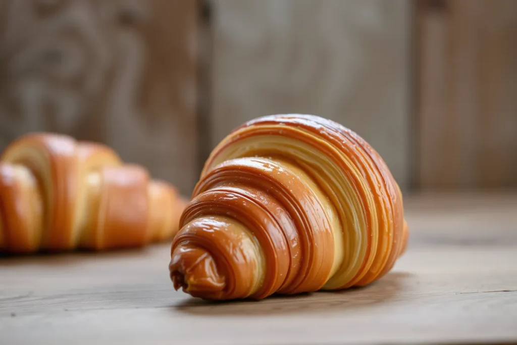 A traditional Swiss gipfeli on a porcelain plate, accompanied by small jars of jam and butter, set in a cozy kitchen with soft natural lighting.