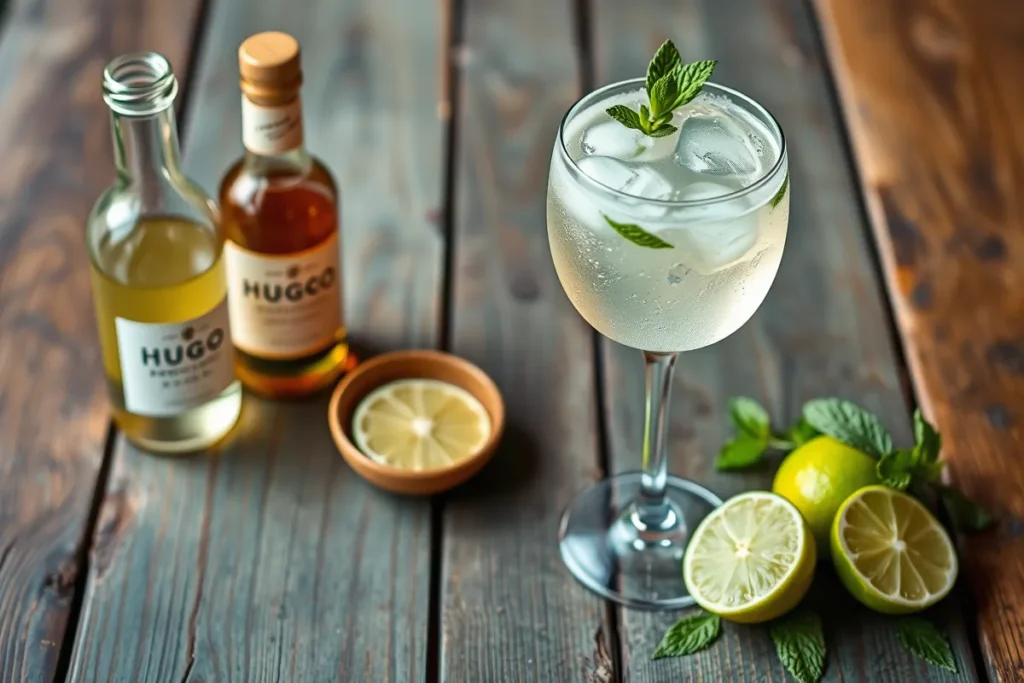 An elegantly presented Hugo Spritz cocktail on a rustic wooden table, with ingredients like Prosecco, elderflower syrup, fresh mint, and lime displayed alongside, evoking a cozy Italian café atmosphere