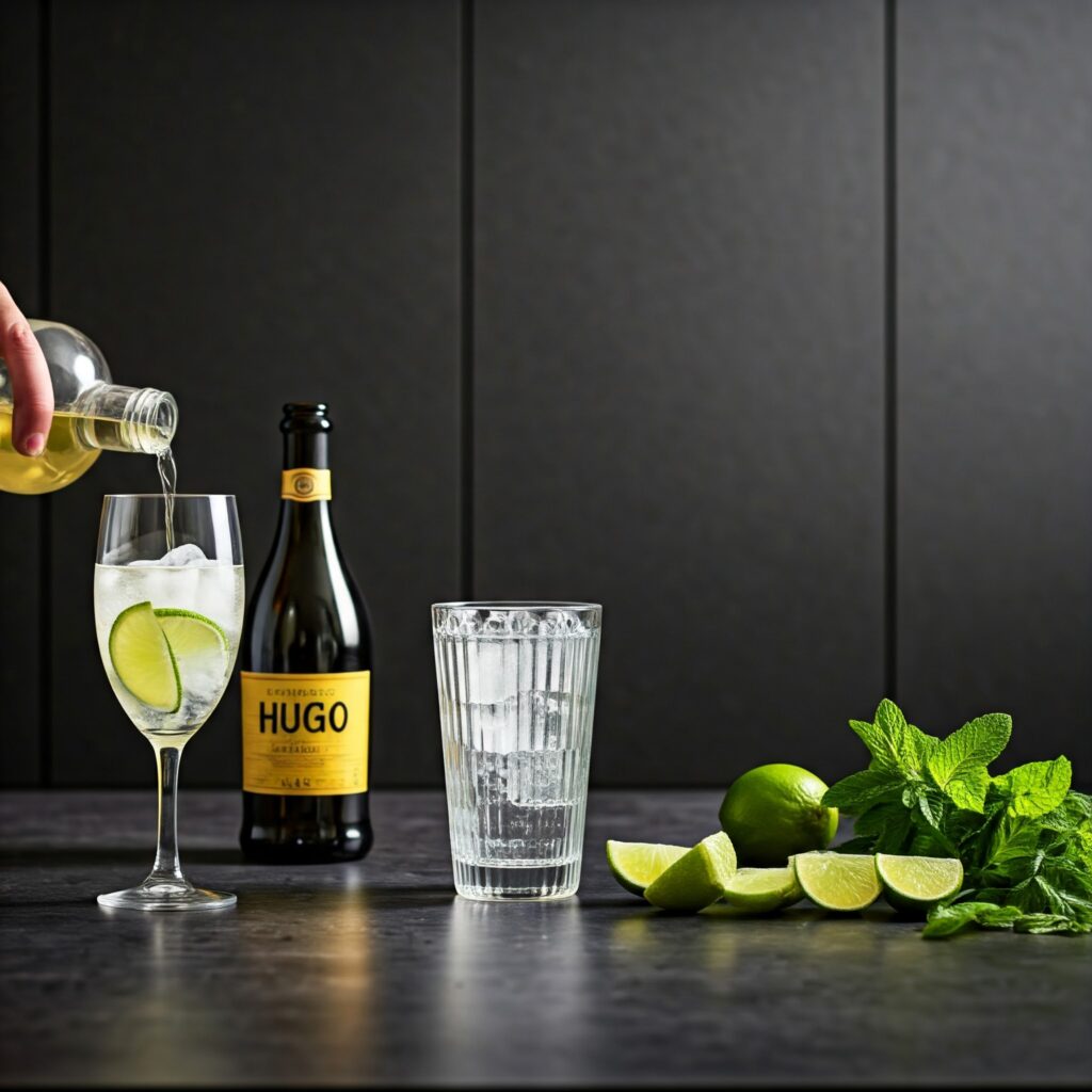 A clean countertop displaying the ingredients for a Hugo Spritz: Prosecco, elderflower syrup, soda water, fresh mint leaves, lime slices, and a glass with ice cubes.

