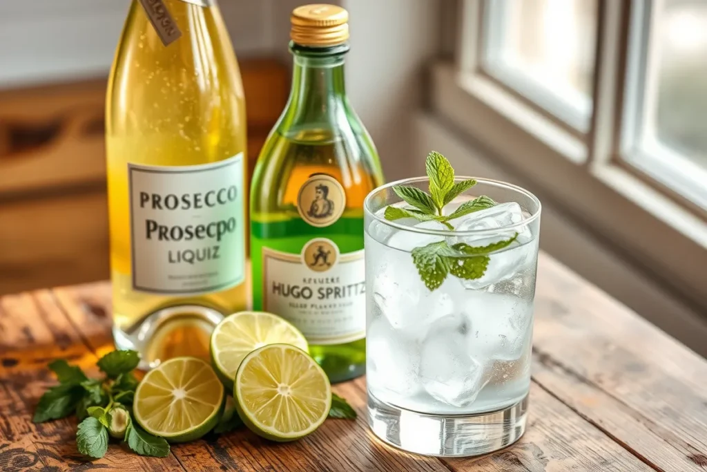 A stylish cocktail bar setup featuring essential ingredients for the Hugo Spritz: Prosecco, elderflower liqueur, lime slices, mint sprigs, and a clear glass with ice cubes, set on a rustic wooden surface with bright natural lighting to evoke a refreshing vibe