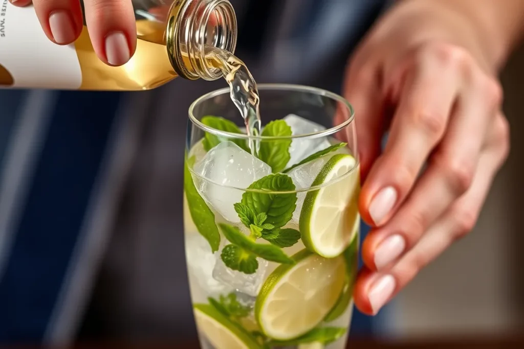 Close-up of hands pouring chilled Prosecco and elderflower liqueur into a tall wine glass filled with ice, mint leaves, and lime slices, with condensation on the glass, highlighting the drink's cool, refreshing appearance
